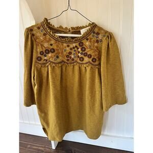 Bohme Anthropologie Top Womens Small Yellow Floral Ruffles 3/4 Sleeve EUC